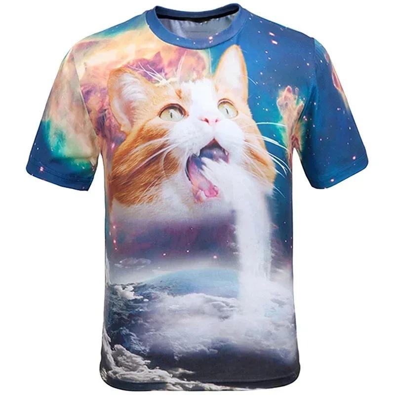 Летняя мужская футболка Galaxy Cat с коротким рукавом и 3D-принтом со смешными котами, модная повседневная футболка Harajuku Street с круглым вырезом