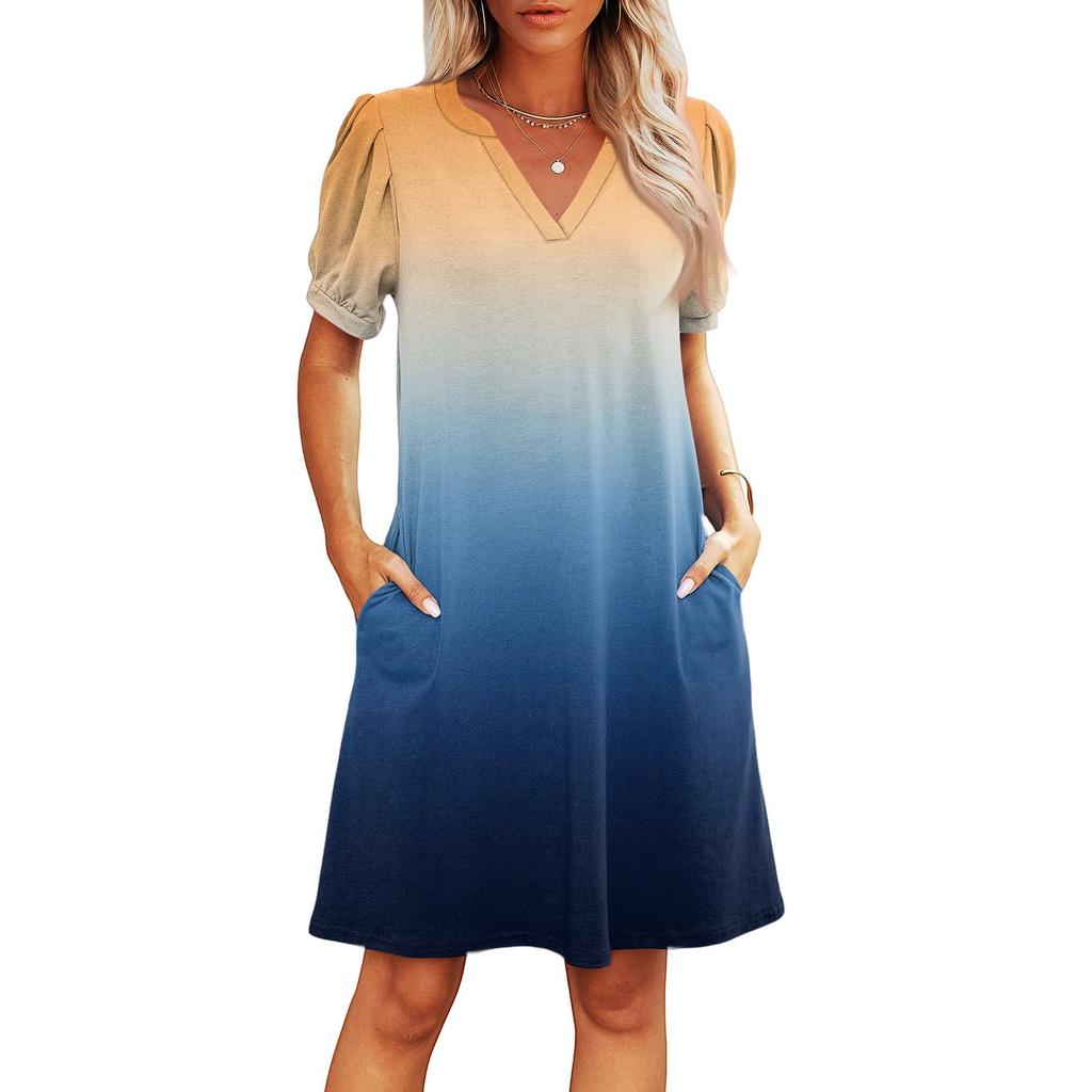 Women's Summer V-Neck Casual Beach Dresses Pod Short Sleeve Gradient Printed Dresses