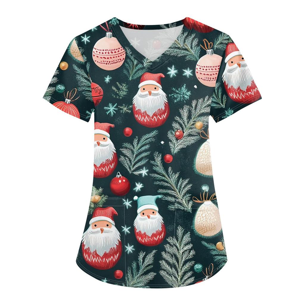 Женская мода с v-образным вырезом, короткими рукавами и карманами, топы с рождественским принтом