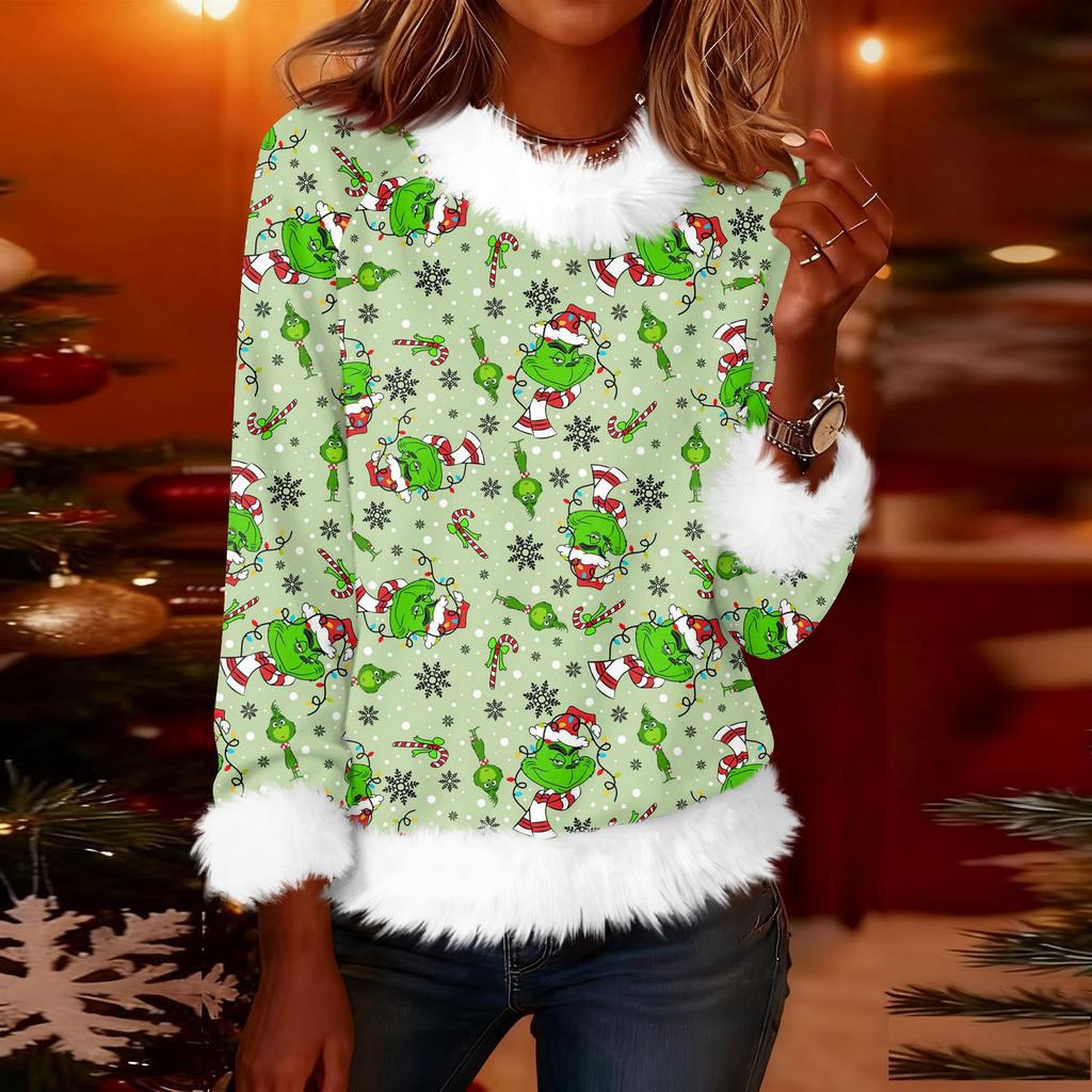 Женская модная рождественская футболка с принтом, круглым вырезом и длинными рукавами, повседневный пуловер