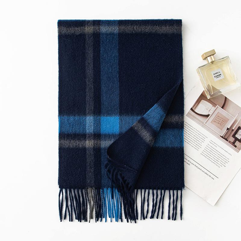 Scarf Women's Autumn and Winter Korean Style Pure Cashmere Scarf Thickened Men's Dark Blue High End Plaid Versatile Couple Scarf