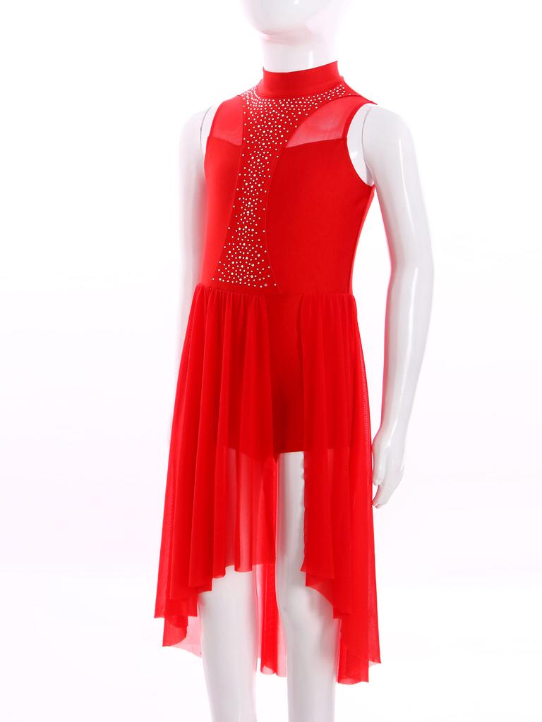 Kids Girls Figure Skating Dance Dress Sleeveless Mock Neck Cutout Back Side Split Asymmetrical Hem Sparkly Rhinestone Dresses