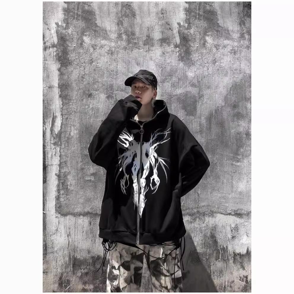 Худи Harajuku Y2K Devil Wings, чёрное, унисекс, осенний стиль, на молнии и с капюшоном.