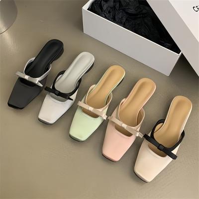 Французские атласные туфли-лодочки с квадратным носком и бантом, женские, на низком каблуке