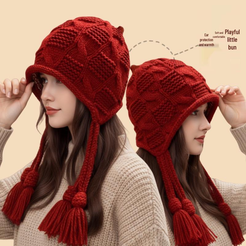 Festive Red Tassel Beanie - Women's Autumn/Winter Ear Protection Hat for Christmas and New Year