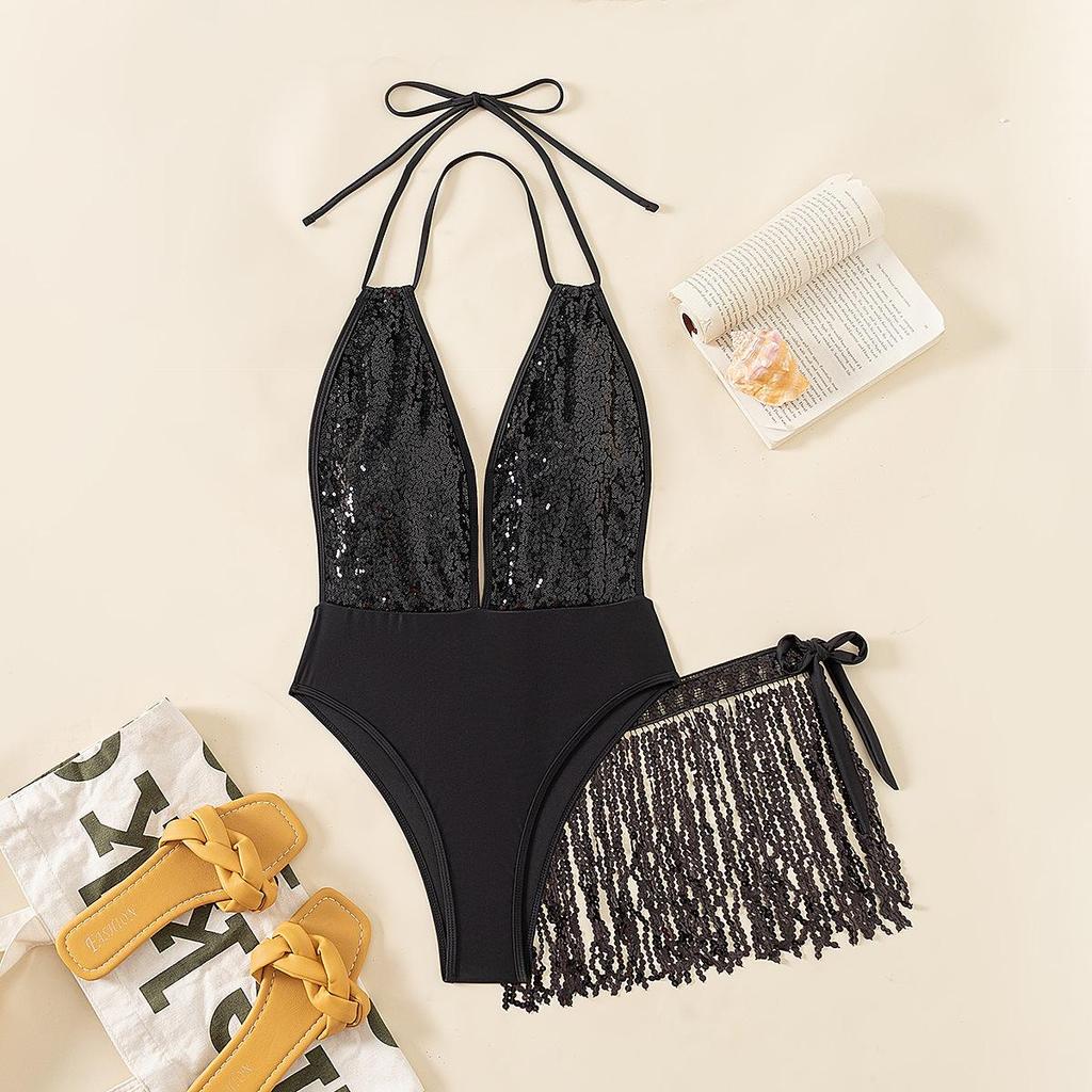 Женские сексуальные эластичные бикини с глубоким V-образным вырезом, летние обтягивающие цельные купальники с открытой спиной и бретелькой через шею