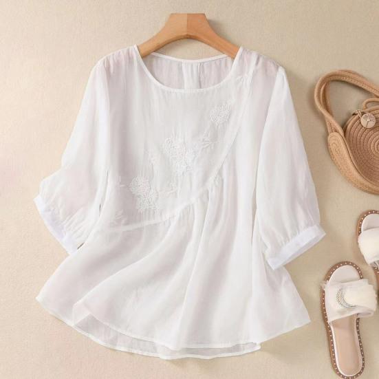 Женская повседневная рубашка с рукавом три четверти, асимметричный подол, вышитый цветочный узор, круглый вырез, однотонный топ