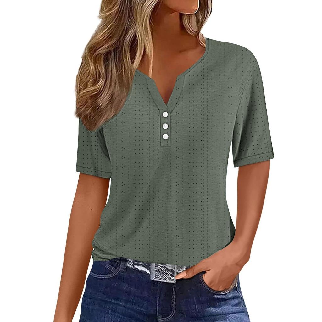 Women's T Shirt Tee Casual V-neck Short-sleeved T-shirt Solid Button Top