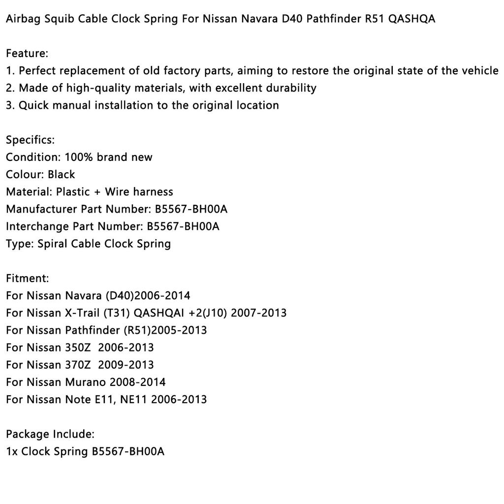 Airbag Squib Cable Clock Spring Fit Nissan Navara D40 Pathfinder R51 QASHQA