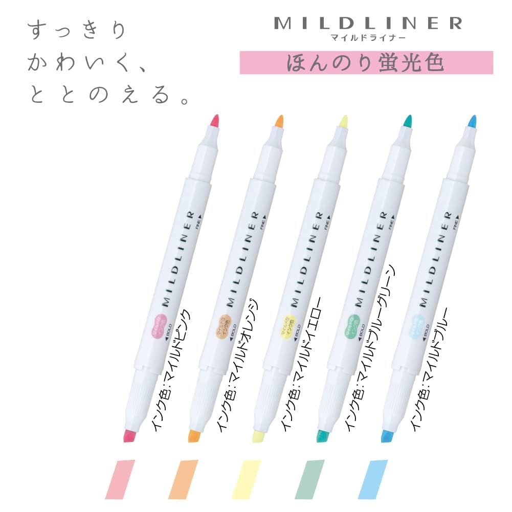 Zebra Mildliner Highlighter 5 Subtle Fluorescent Pens, Colors, WKT7-5C-N