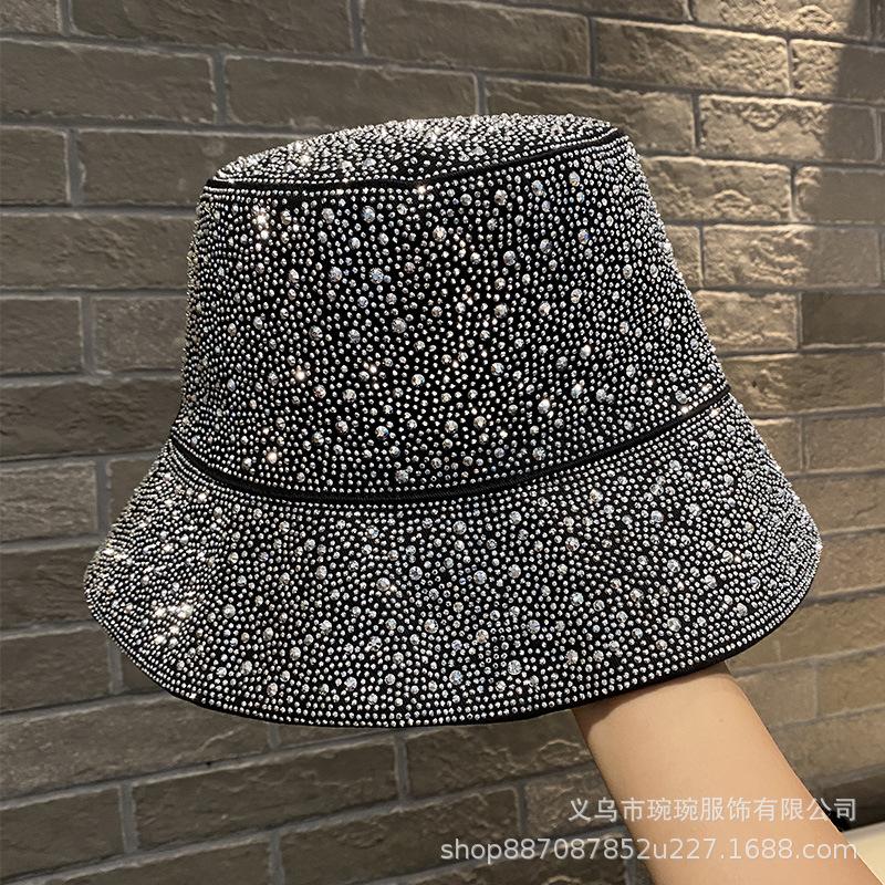 Heavy industry light luxury full diamond versatile fashion flat top bucket hat spring and autumn European and American foreign style show face small s
