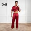 2Pcs/Set Silk Satin Men Pajama Set Notch Collar Button Down Pajama Top with Chest Pocket Elastic Waist Bottoms Set Sleepwear