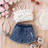 Girls' Fashion Set Summer Girls' Ruffled Lace Small Suspenders Beaded Denim Ripped Shorts Set