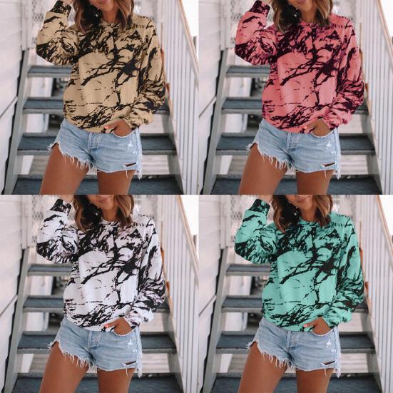 Женская футболка свободного кроя с длинным рукавом и принтом тай-дай с круглым вырезом