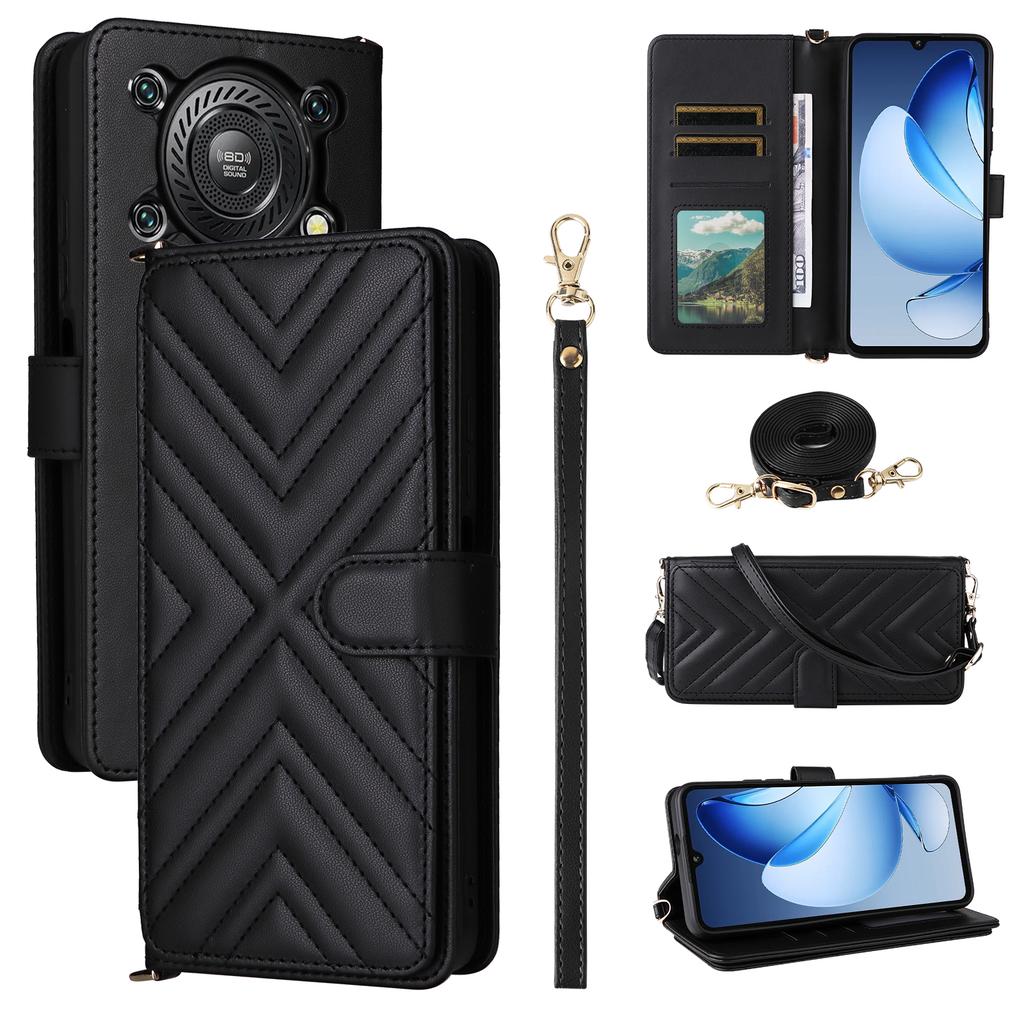 For Oukitel C60/C60 Pro Case with Shoulder/Wrist Strap Leather Phone Cover Stand Wallet