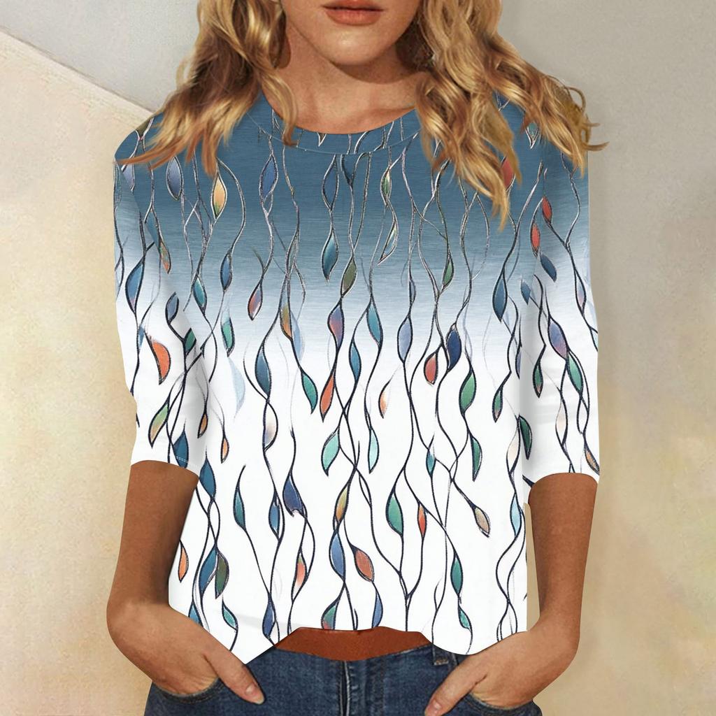 Women's Fashion Casual Three-quarter Sleeve Vintage Floral Print Round Neck Top
