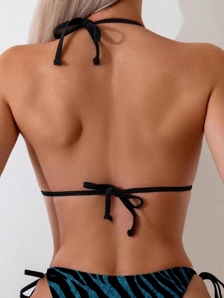 2025 Zebra Stripe Halter Bikini Three-Piece Swimsuit