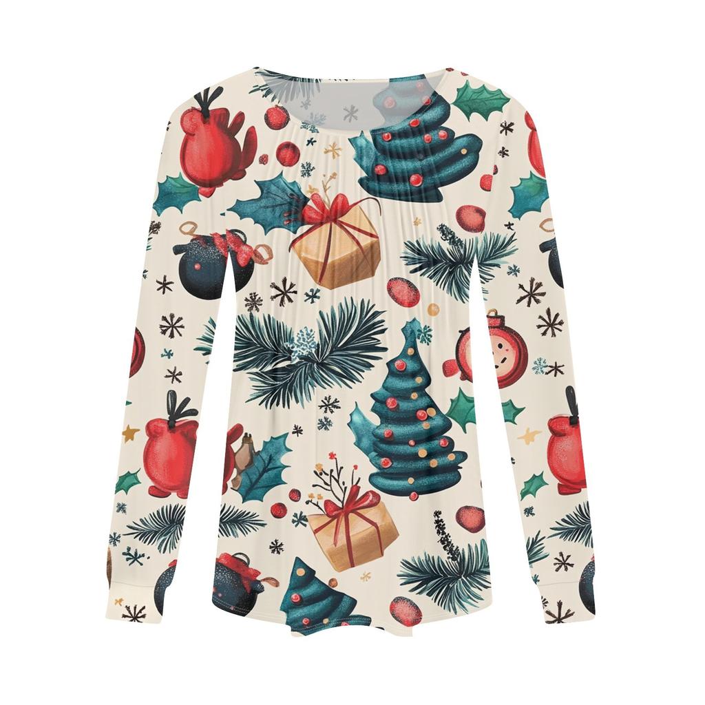 Женская повседневная футболка с круглым вырезом и длинными рукавами с рождественским принтом и складками