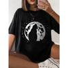 Женская футболка с принтом силуэта луны и кошки Летний удобный свободный топ Уличная мода Женская одежда