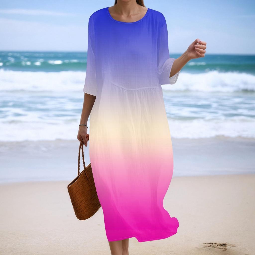 Women's Fashionable Printed Round Neck Seven Quarter Sleeve Loose Dress