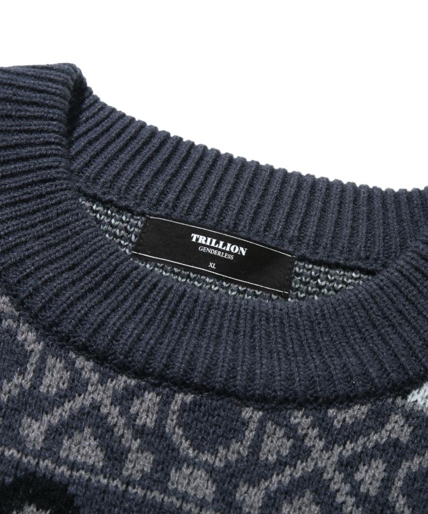TRILLION Винтажный жаккардовый джемпер Fair Isle с круглым вырезом_Темно-синий