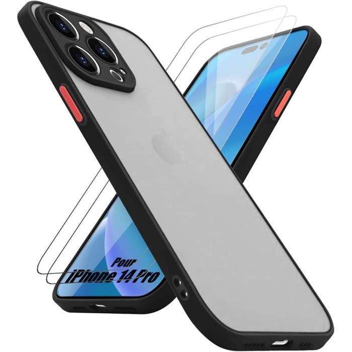 Coque de téléphone - BOOLING - pour iPhone 14 Pro - Silicone Mat Noir - Antichoc - 2 Verres Trempés