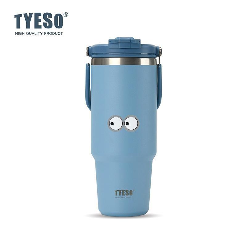 Tyeso 1200ML Cup Handle Vacuum Flasks Dual-Drink Coffee Mug Stainless Steel Thermoses Ice Cup Car Bottle Hot Cold Retention with Eye Sticker