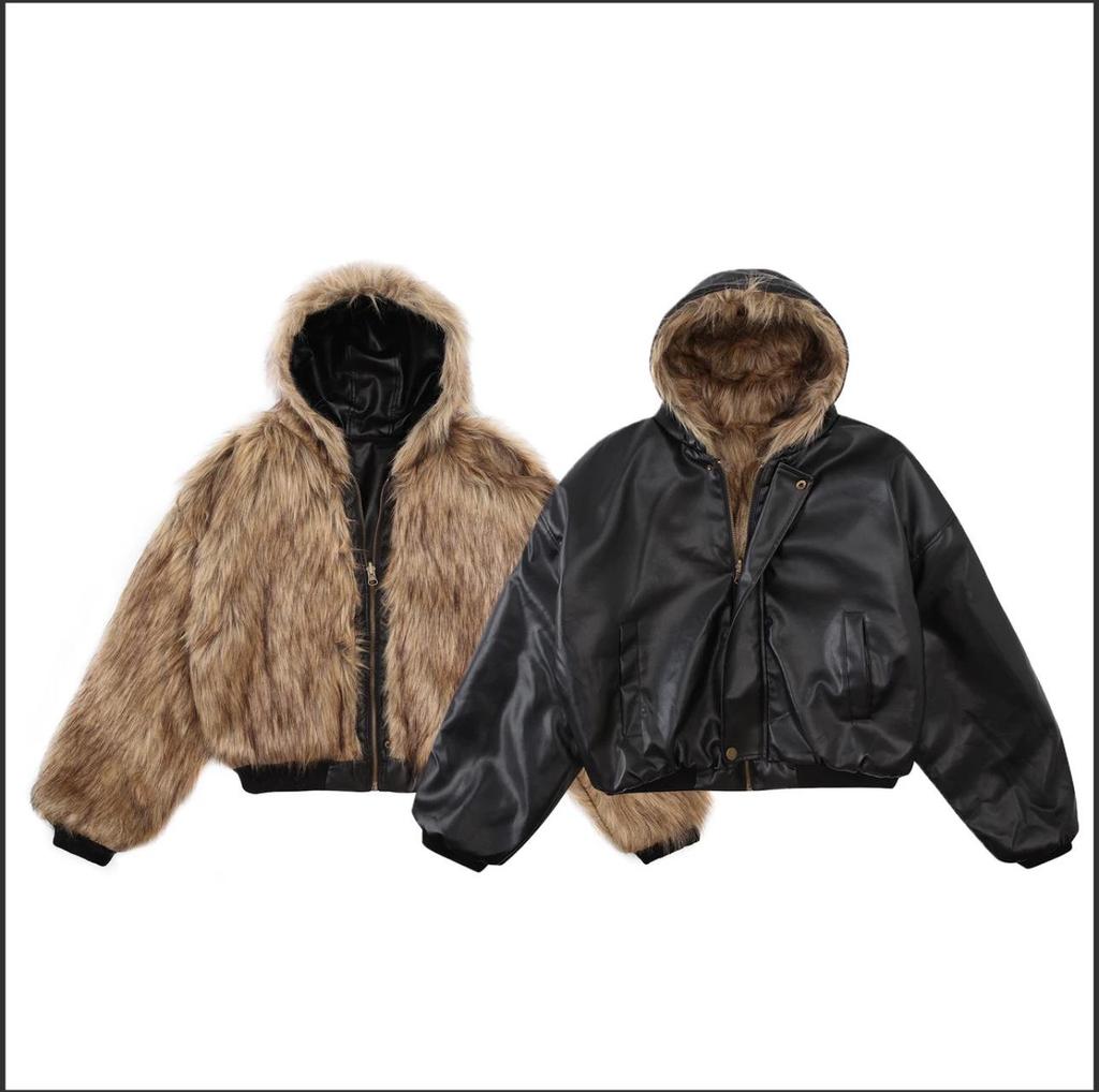 2024 Экологичная двусторонняя кожаная куртка с капюшоном из искусственного меха норки и бархата