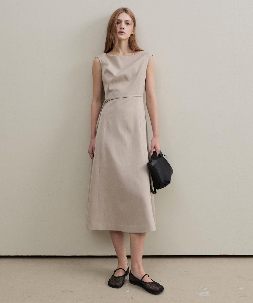 Artid Boat Neck Belted Dress_Beige