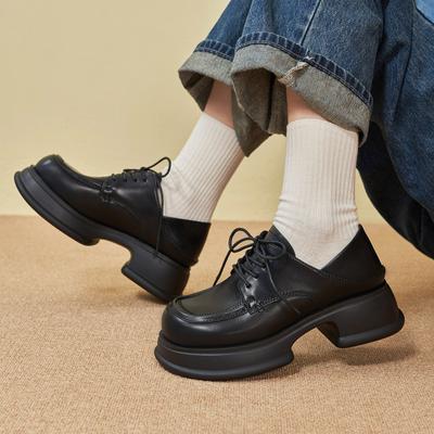 Винтажные плюшевые мокасины с круглым носком и шнуровкой, с завышенной платформой в британском стиле, небольшие кожаные туфли, универсальная женская обувь