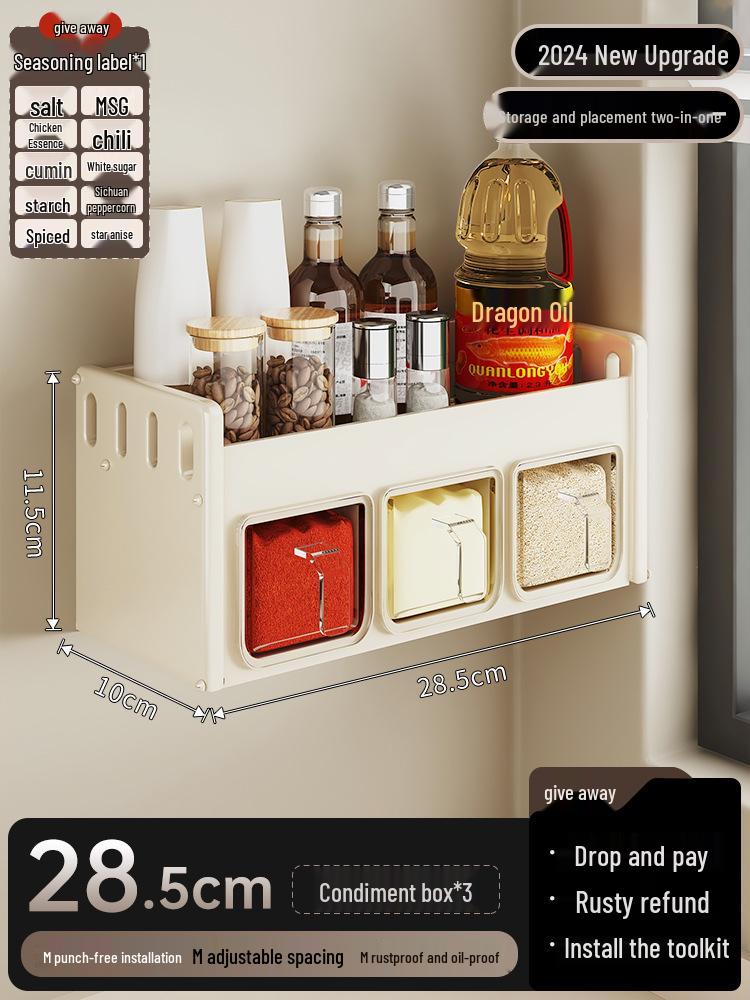 Wall-Mounted Cream Style Spice Rack with Seasoning Jars & Utensil Storage