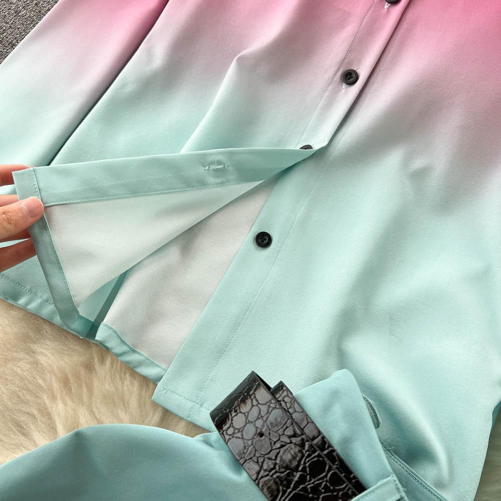 RUGOD Европейская и американская мода подходит женским градиентным рубашкам с длинными рукавами, женским повседневным прямым широким брюкам