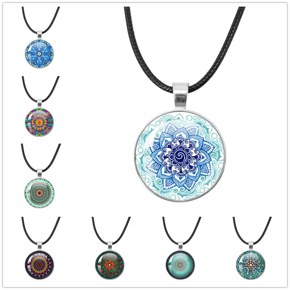 Классические necklaces с подвесками из стекла на веревочной цепи 'Цветок Жизни' Мандала Элегантные И Сложные Узоры Ожерелья Для Женщин Кабошон Украшения