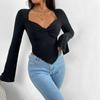 Women's T-shirt Vacation V-neck Trumpet Sleeve Waist Irregular Knitted Long-sleeved T-shirt Top