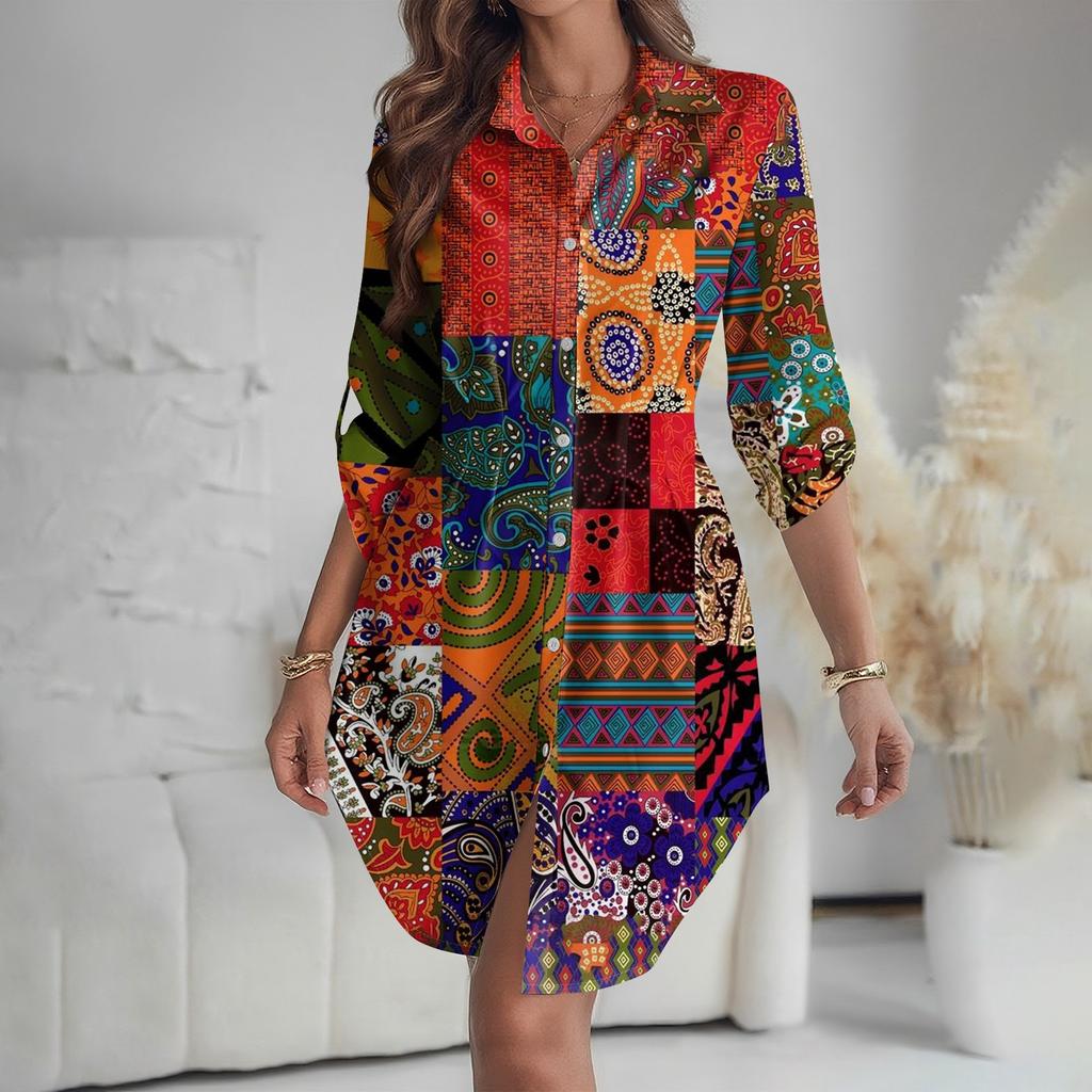 Женское платье свободного кроя с V-образным вырезом и длинными рукавами, с принтом, платье-рубашка для работы