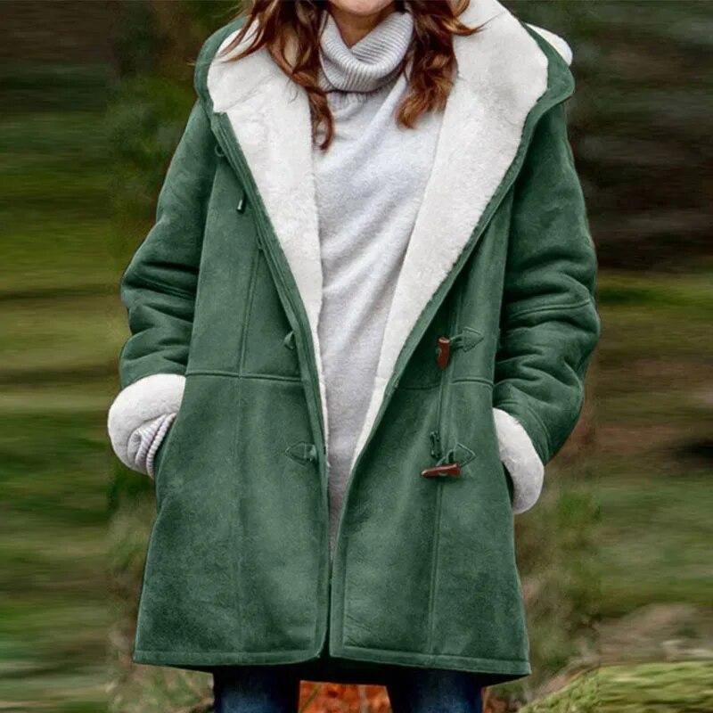 Winter Fashion Warm Thickened Long Sleeved Cowhide Button Womens Coat With Hat Casual Velvet Solid Ladies Outwears 30431