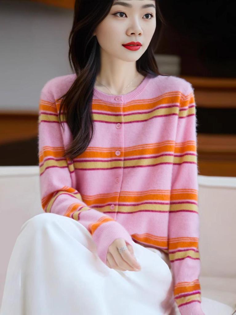 100% Wool Stripe Knit Cardigan - Autumn Academy Style Long Sleeve Sweater.