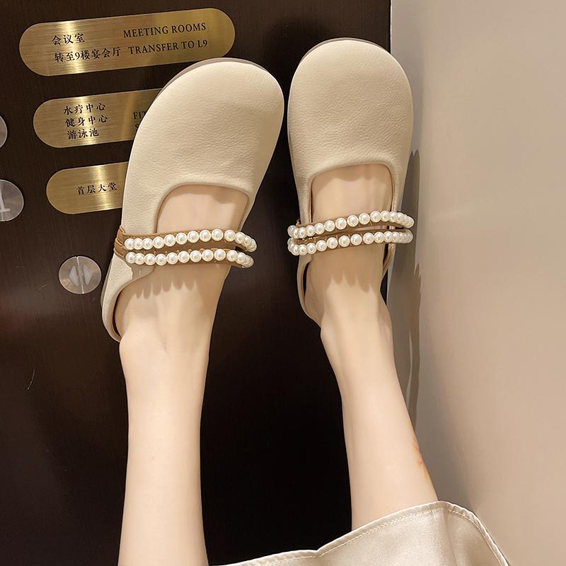 Fashion Women's Spring/Summer New Retro Baotou Shallow Mouth One Line Buckle Strap Mary Jane Small Leather Shoes Half Slippers