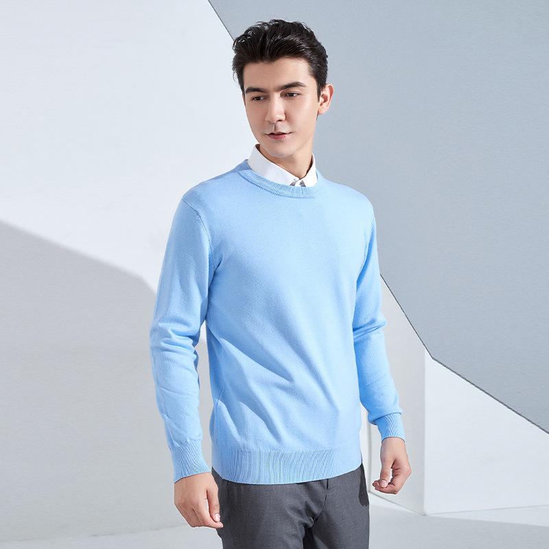 Осень и Зима Мужской Трикотажный Свитер с Круглым Вырезом, Свободный, Утепленный Пуловер, Однотонный, с Длинным Рукавом, Короткий, Деловой, Базовый, Теплый Свитер