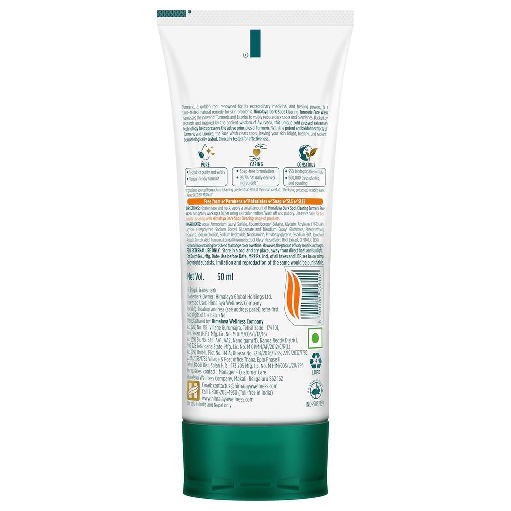 Himalaya Dark Spot Clearing Turmeric Face Wash 50ml Reduce Dark Spots and Blemishes Naturally