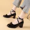 Fashion Women High Heels Autumn Black Bowknot Cross-Tie Mary Janes Shoes Fashion Square Toe Thick Heels Party Dress Shoes Zapatos  Mujer
