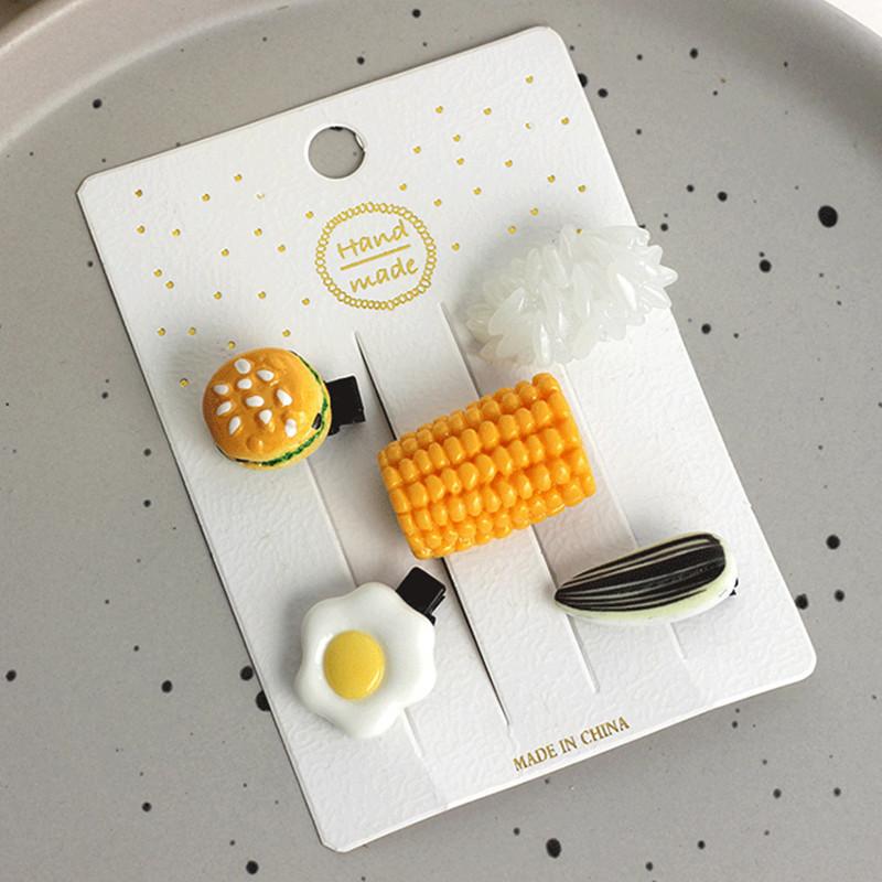 5 шт., милая мини-заколка для волос с имитацией еды, забавная еда, игра, рис, яйцо-пашот, семена дыни, кукурузные заколки для девочек