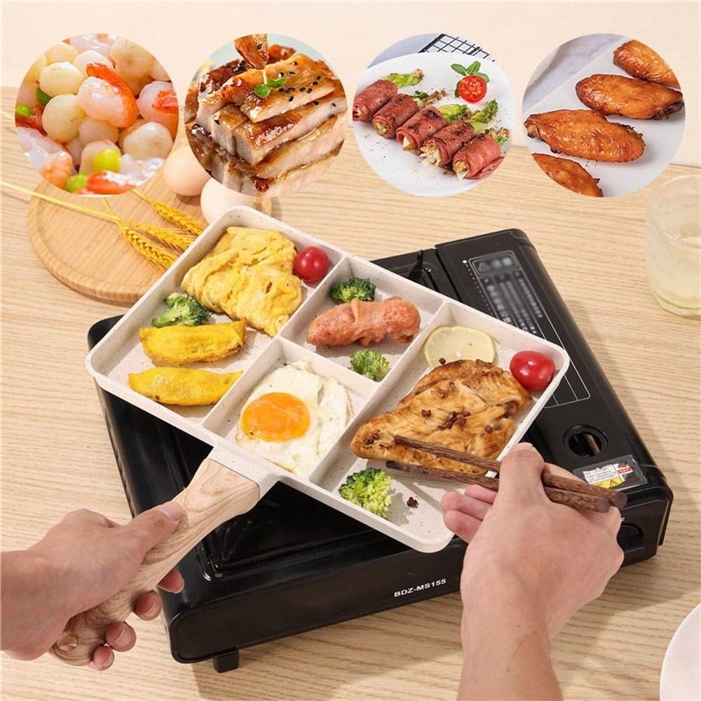 Non-stick 4-in-1 breakfast skillet with separate cooking sections, dishwasher safe, easy to clean