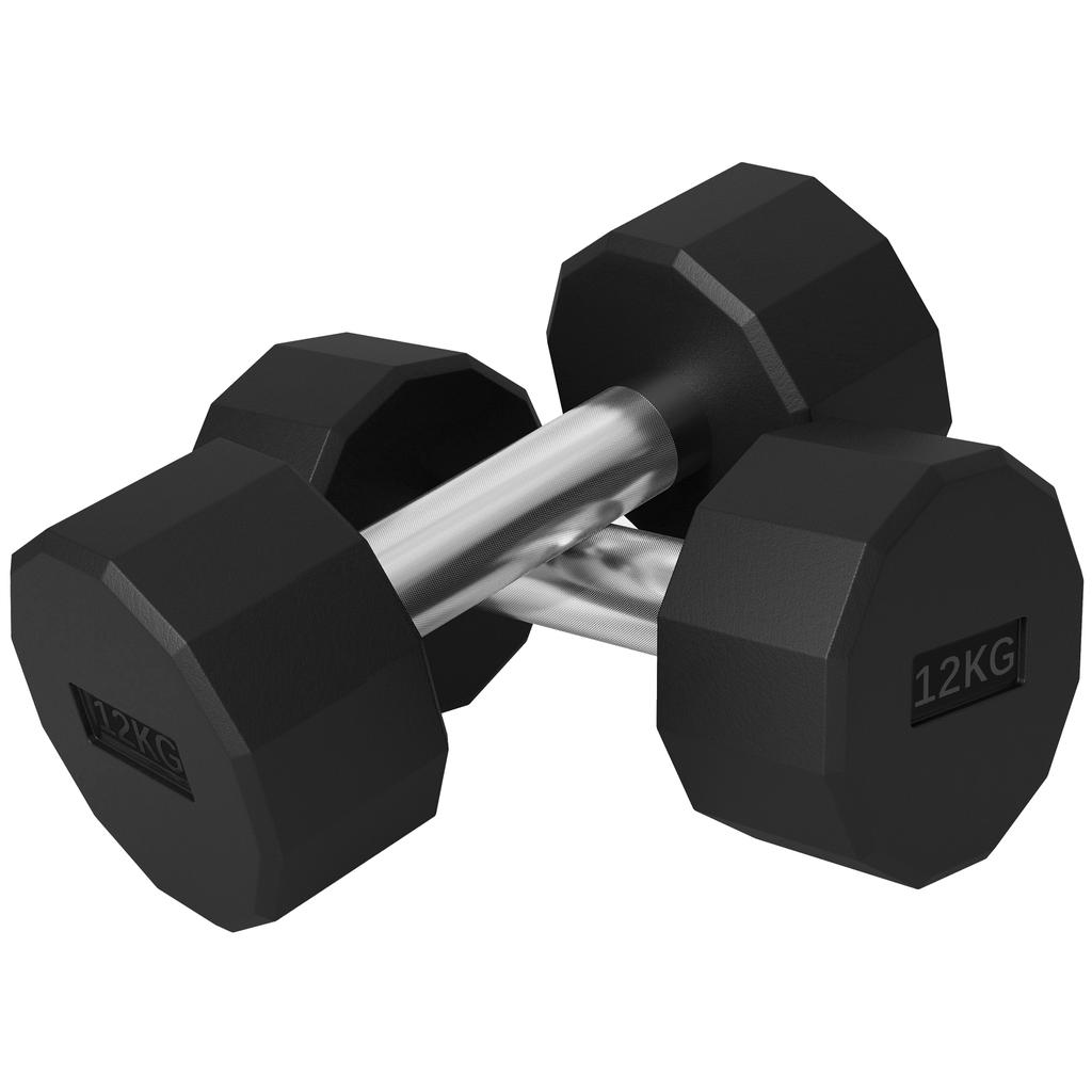 Set of 2 12-Sided Dumbbells 12 kg in Metal and Rubber with Non-Slip Grip, 26x14x14 cm, Black