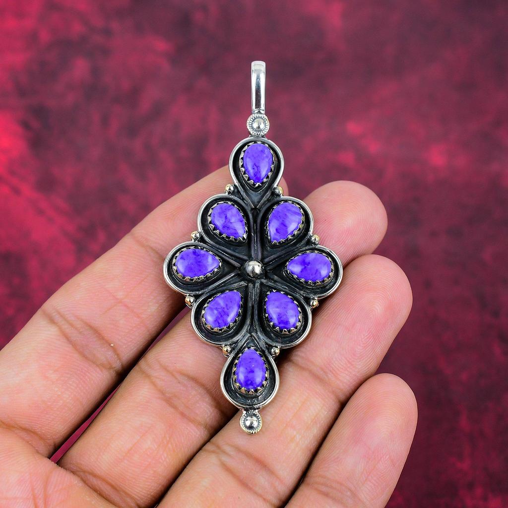 Подвеска из драгоценного камня чароит ручной работы, 925 пробы, серебряная подвеска, антикварная бижутерия, для подарка на помолвку