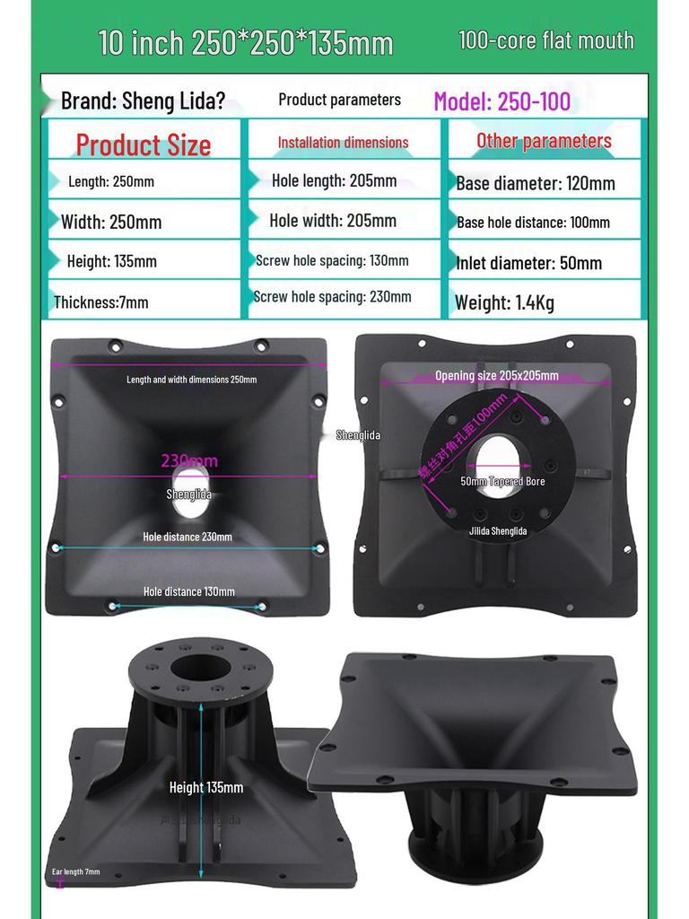Recessed Edge Aluminum Speaker Horn, Audio RC 250x250mm, 100 Core, 50mm Throat