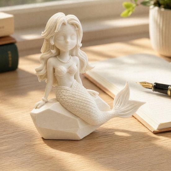 Nostalgie 3D Printed Mermaid Action Figure, Dark Gothic Style Figurine with Matte Black Finish, Movable Joints & Wide Rock Base, Decor for Desk