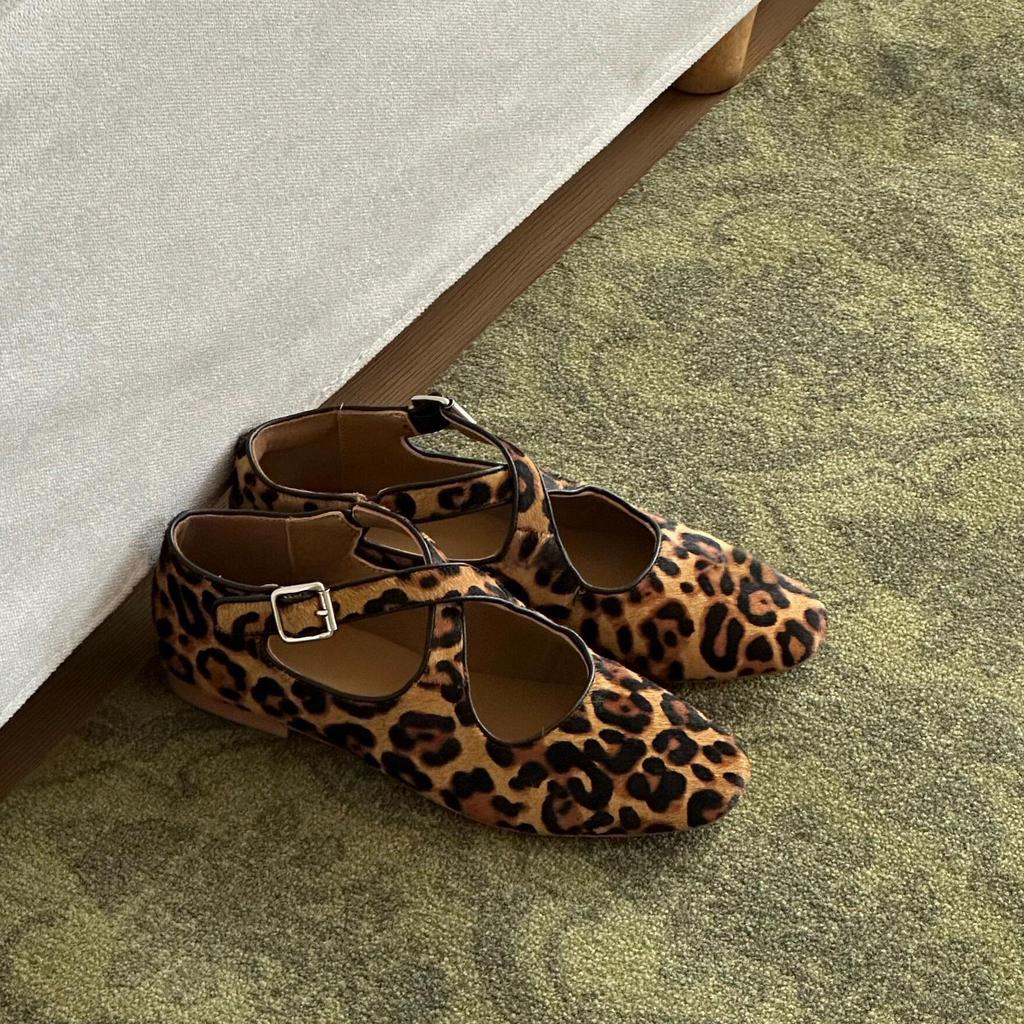 Sheepskin Version~ Genuine Leather Horsehair Niche Soft-sided Ballet Shoes Flat Cross-strap Leopard Print Mary Jane Single Shoes