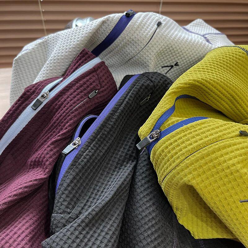 Mountain-Style Unisex Autumn Waffle Knit Half-Zip T-Shirt: Color-Block, Snap Button, Loose Fit, Breathable Long Sleeves