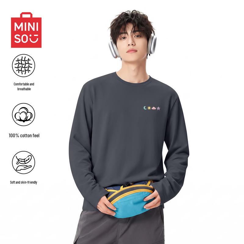 MINISO Мужская футболка с длинным рукавом и круглым вырезом из чистого хлопка